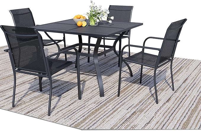5 Pieces Sqaure Dining Table Set for 4, Patio Dining Set Includes 4 Black Stackable Patio Chairs and 1 Black Mesh Square Table, Patio Furniture Sets with Sling Support for Outside, Garden