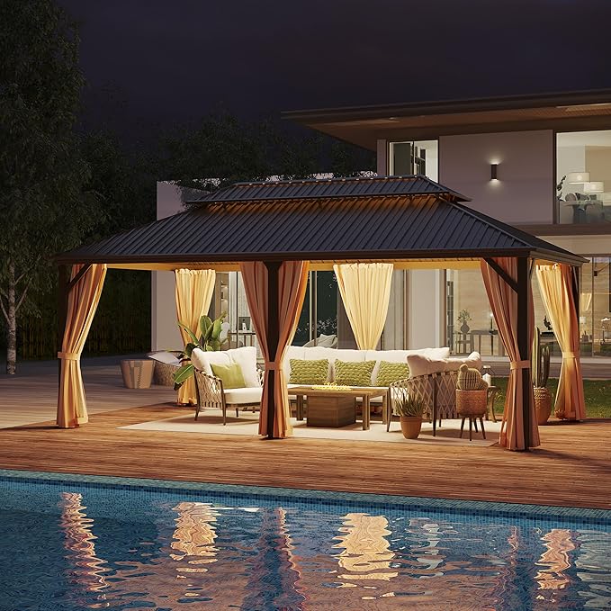 12x20 ft Hardtop Gazebo Outdoor Aluminum Patio Gazebo Double Roof Galvanized Steel Canopy with Netting and Curtains for Garden, Backyard,Deck and Lawns