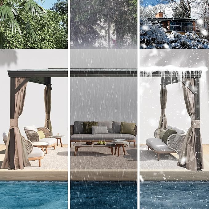 8’ x 12’ Lean to Gazebo, Outdoor Wall Mounted Gazebo Aluminum Frame, Hardtop Pergola with Galvanized Steel Sloping Roof for Patio Deck Garden Backyard, Curtain and Netting Included