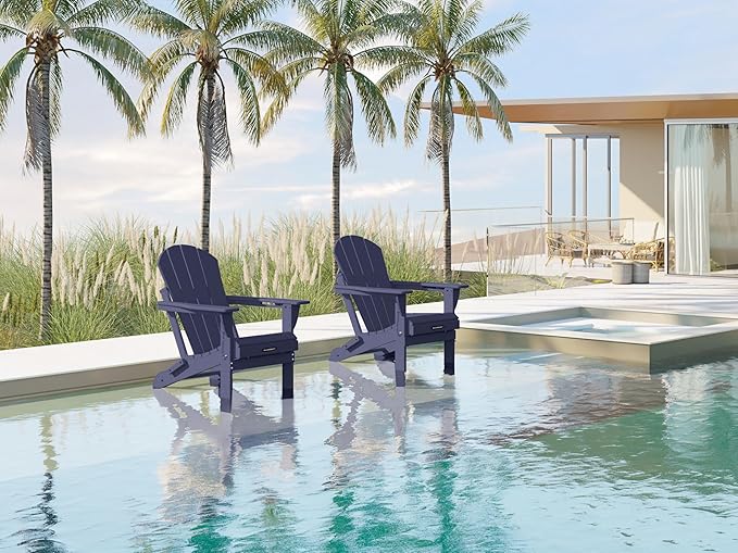 MUCHENGHY Folding Adirondack Chairs Set of 4, Patio & Outdoor Chairs, Plastic Weather Resistant with Cup Holder for Deck, Backyard, Garden (Dark Navy Blue)