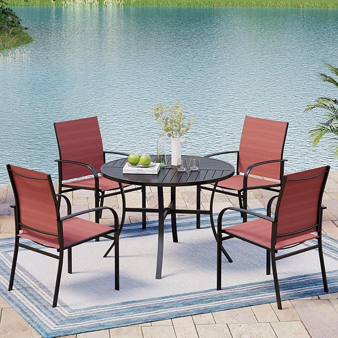 Patio Table and Chairs Set for 4, 5 Pieces Outdoor Dining Set, 4 Red Textilene Chairs and 42" Metal Round Table with Umbrella Hole, for Deck Garden Backyard Lawn Poolside