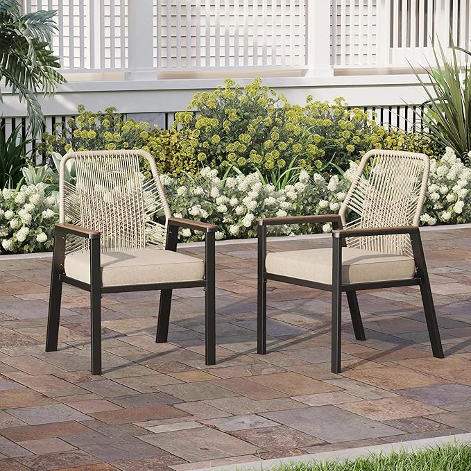 Patio Wicker Chair Sets of 2, Outdoor Dining Chairs with 3.1 inch Seat Cushions, Sturdy Metal Frame & Wood Grain Armrest, Beige
