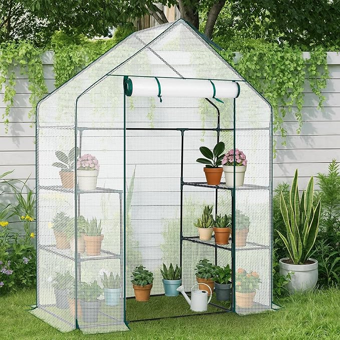 Outvita Walk-in Greenhouse, Outdoor Durable PE Plant Green House for Frost Protection with 3 Tiers 4 Shelves, Shelf Clips, Roll-up Zipper Door, 56"x29"x77" White