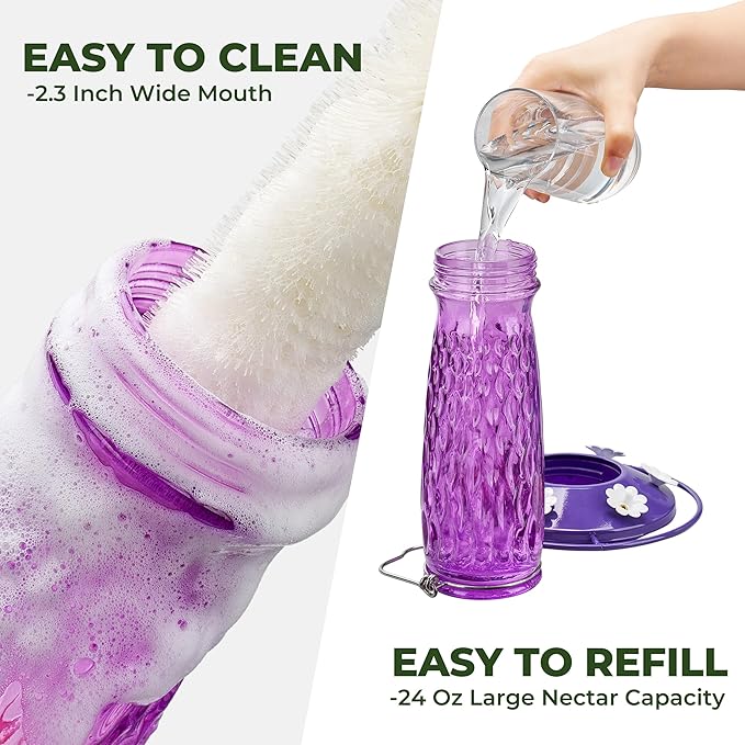 Kingsyard Hummingbird Feeders for Outdoors Hanging, 24 Ounce, Glass Hummingbird Feeder with Ant Moat & 6 Bee Guard Feeding Ports, Leak-Proof, Purple