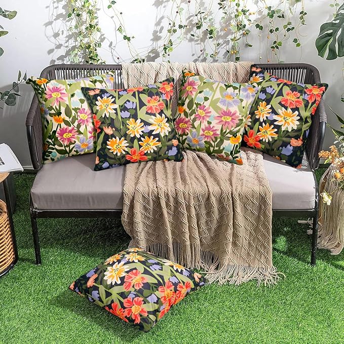Pyonic Outdoor Pillows Waterproof Cover Pack of 2 Floral Waterproof Throw Pillows 18x18 inch for Patio Furniture Garden Furniture