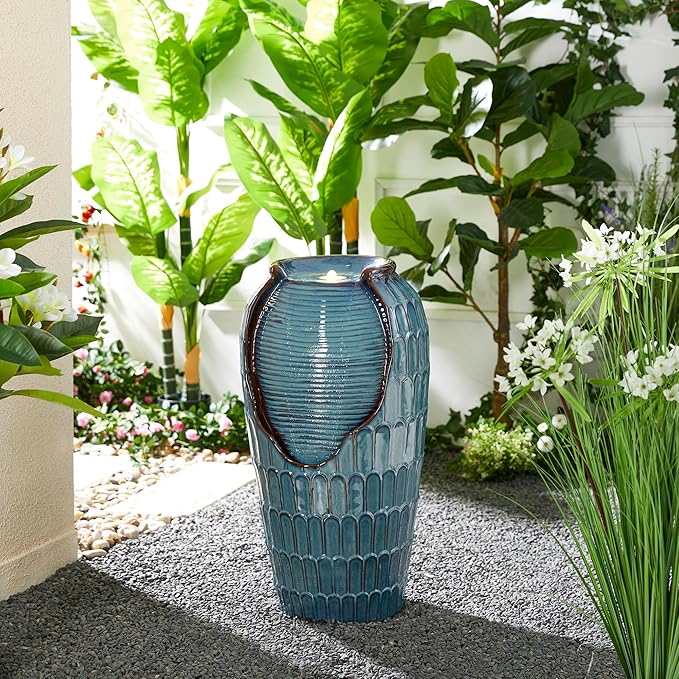 Glitzhome 28.25" H Oversized Ceramic Petals Textured Jar Outdoor Water Fountain, Vintage Turquoise Glaze Vase Patio Garden Waterfall Fountain with LED Light and Submersible Pump