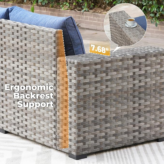 ovios 10 Pieces Patio Furniture Set, Outdoor Wicker Sectional Sofa with 54" Fire Pit Table Swivel Chairs, Modern Modular Deep Seat Rattan Couch Conversation Sets, Denim Blue