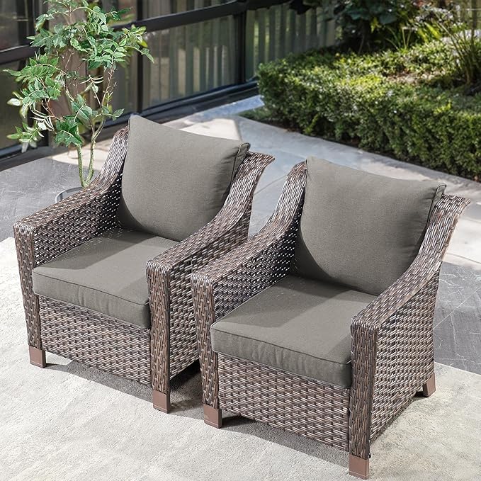 Outdoor Wicker Patio Chairs Set of 2 - Heavy Duty Outside Modern PE Rattan Lawn Chair for Front Porch Balcony Backyard Yard Deck Poolside Apartment – Brown/Grey