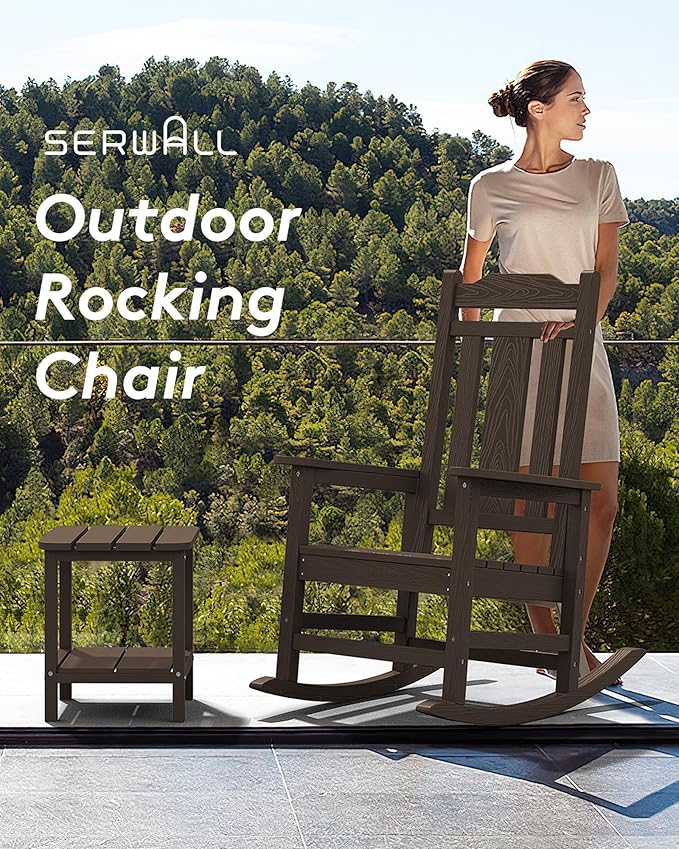 SERWALL Outdoor Rocking Chair Set of 8, Patio Rocking Chairs Set, HDPE Rocking Chair Outdoor for Adults, Heavy Duty Front Porch Rocker, Coffee