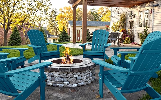 YEFU Adirondack Chairs Set of 8: Outdoor Chair HIPS Plastic Adirondack Chairs - Patio Chairs with Wood Texture - Lawn Fire Pit Deck Porch Garden Chairs for Adults(Pacific Blue)