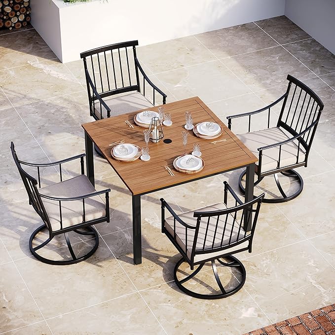 Sophia & William 5 Pcs Patio Furniture Outdoor Dining Set, 42" Square Metal Patio Table and Swivel Chairs with Cushions, Adjustable Umbrella Hole, Conversation Bistro Set for Garden,Yard,Deck