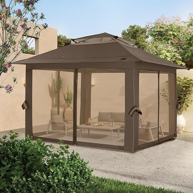 ABCCANOPY 13x13 Pop Up Gazebo, Outdoor Canopy Tent, Instant Screened Shelter with Mosquito Netting for Patio, Garden, Backyard, Party, Camping (Brown)
