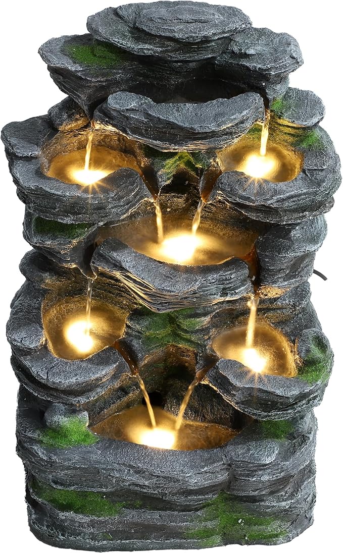 TITIMO 7-Tier Cascading Rock Water Fountain Outdoor Garden Waterfall with Lights,Fountain Indoor Decor for Garden, Patio, Backyard, Deck, Porch and Home Art Decor (24" H)