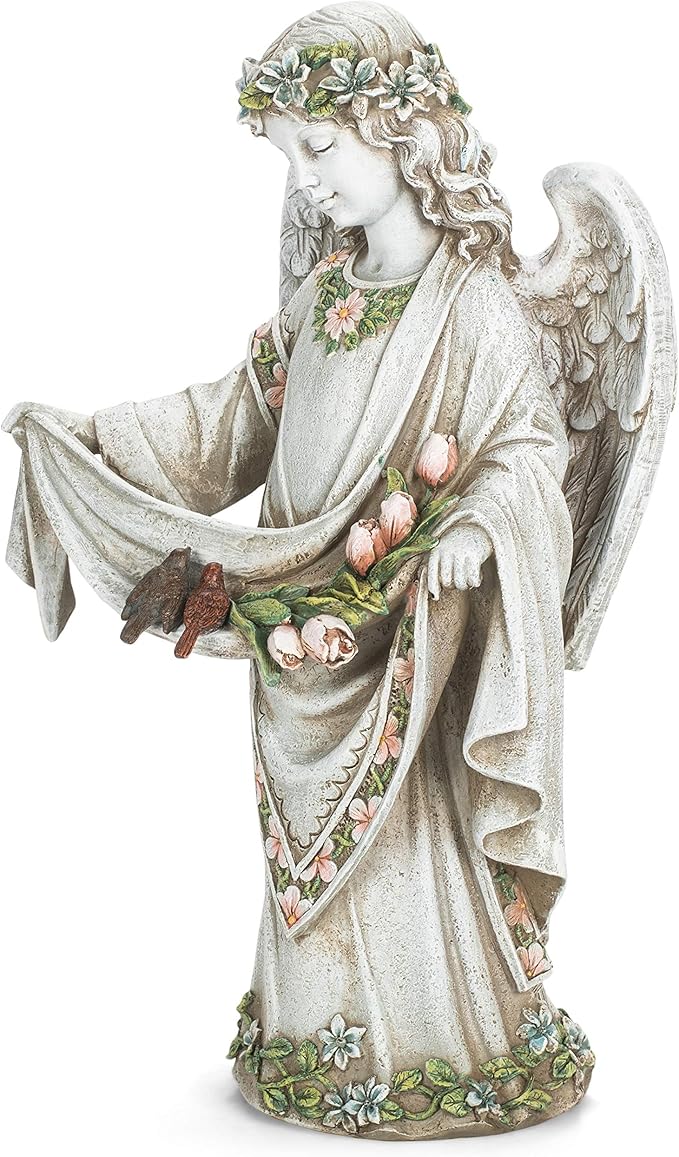 Roman Josephs Studio Inspirational Girl Angel Wearing Floral Trimmed Gown with Birds Garden Statue, 16.5-Inch