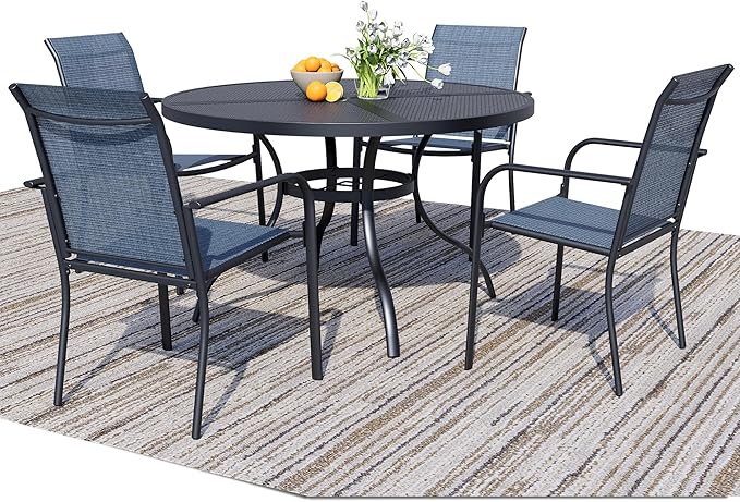 5 Pieces Round Dining Table Set for 4, Patio Dining Set Includes 4 Blue Stackable Patio Chairs and 1 Black Mesh Round Table, Patio Furniture Sets with Sling Support for Outside, Garden