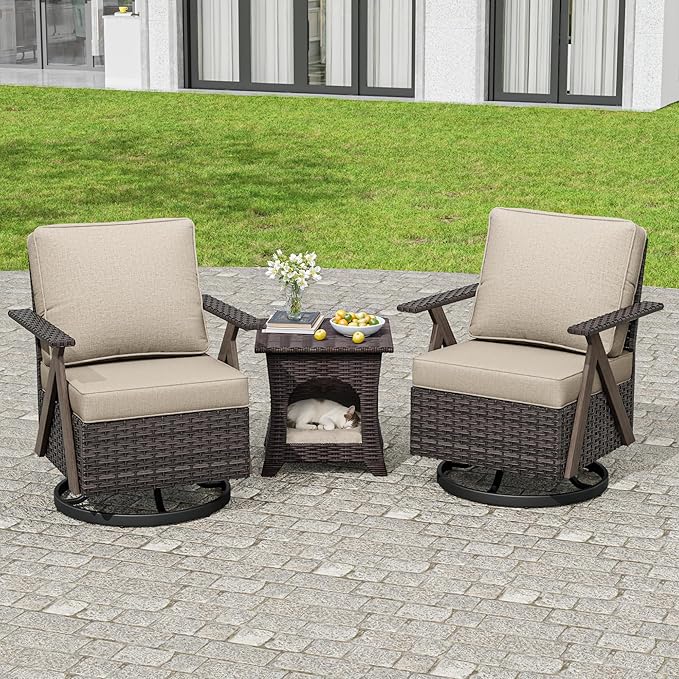 Outdoor Swivel Rocker Chairs, 3 Pieces Wicker Swivel Patio Chair with Rattan Side Table, Patio Furniture Set for Outside Porch Deck