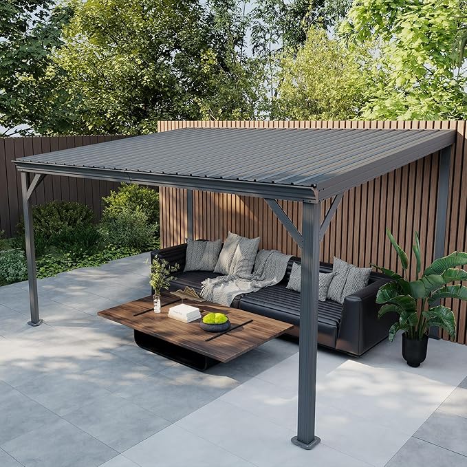 10x12FT Lean to Gazebo, Outdoor Hardtop Wall Mount Gazebo with Gutter & Sloping Galvanized Steel Roof, Metal Hard Top Awnings for Deck, Porch, Backyard