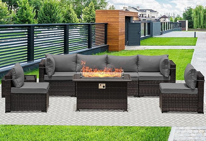 Outdoor Patio Furniture Set with Propane Fire Pit Table, 8 Pieces Furniture Patio Sectional Sofa Conversation Set w/ETL Approved 43" Gas Outdoor Fire Table & Coffee Table (Grey)