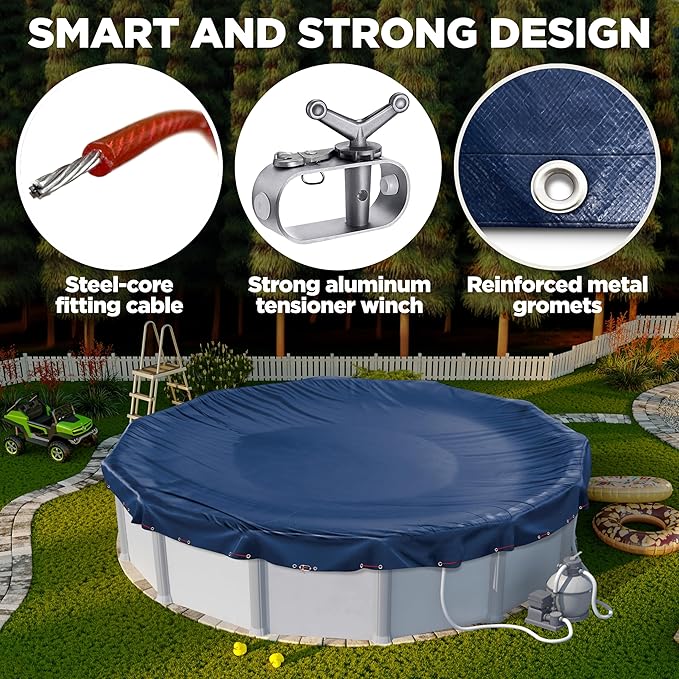 30 ft Round Pool Cover for Above Ground Pools, Above Ground Pool Cover, Swimming Pool Cover, Winter Pool Cover, Keeps Out Debris, Cold and UV Resistant, Supreme Mesh, Navy Blue