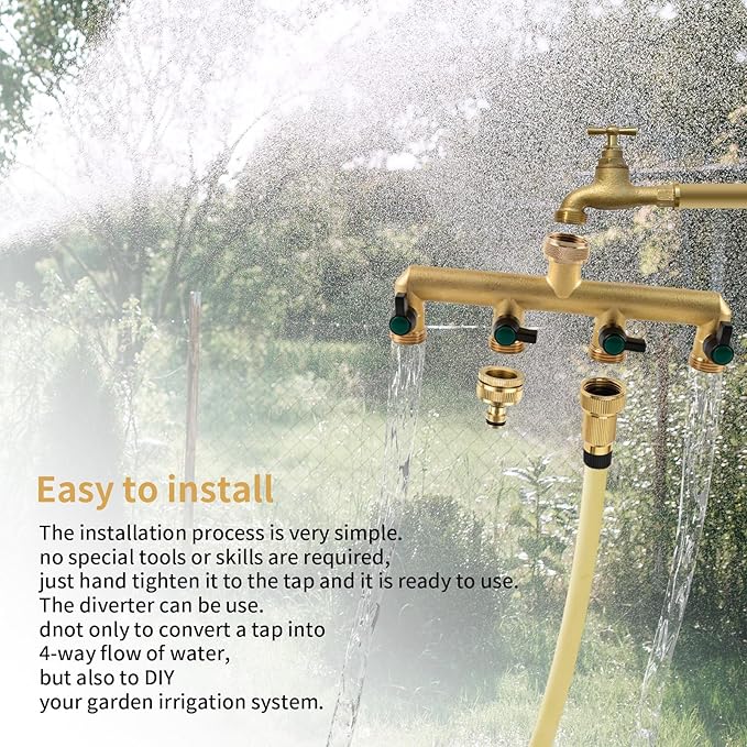 Heavy Duty Solid Brass 4 Way Hose T Tap Connection with 4 Individual On/Off Valve and Extended Handle, Garden Outdoor Pipe Tap Splitter