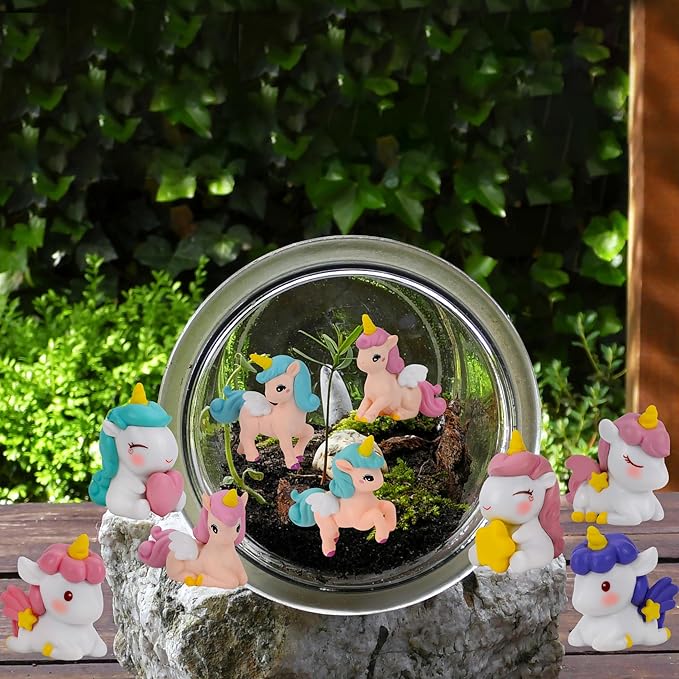 Mood Lab Miniature Unicorn Figurines Set - Funny Mini Statue Kit of 9 pcs - Unicorn Fairy Garden Accessories