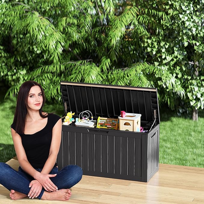 80 Gallon Resin Deck Box, Waterproof Outdoor Storage Bin for Patio Furniture, Pool Accessories, and Garden Tools, Lockable & UV-Resistant, Black