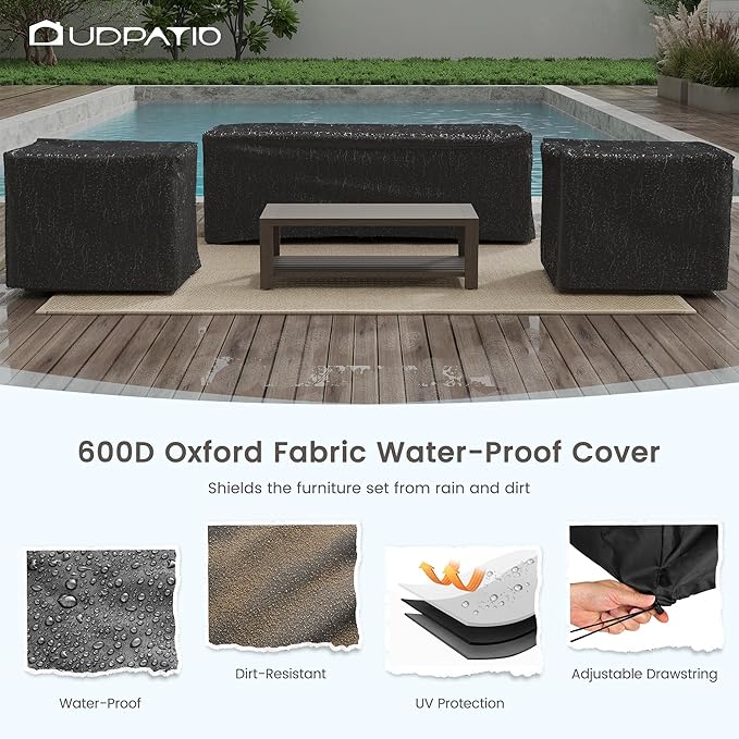 UDPATIO 4 Piece Faux Wood Aluminum Patio Furniture Set Modern Outdoor Furniture Patio Conversation Sets with Coffee Table for Balcony, Backyard, 600D Waterproof Cover Included, Light Grey