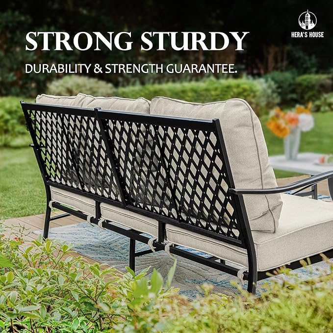 HERA'S HOUSE 6 Pieces Patio Furniture Set with Fire Pit Table, 2 x Single Chair, 2 x Ottoman, 3-Seat Sofa with 45" Fire Pit Table, Outdoor Conversation Set for Garden, Poolside, Backyard