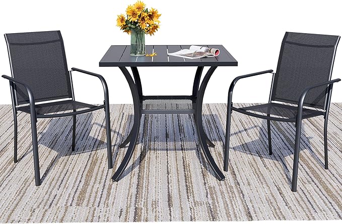 3 Pieces Round Dining Table Set for 2, Patio Dining Set Includes 2 Black Stackable Patio Chairs and 27.6" Black Metal Square Table, Patio Furniture Sets with Sling Support for Outside, Garden