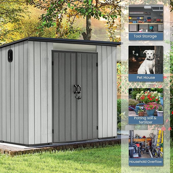 Domi 6.2x7.8 FT Outdoor Resin Storage Shed, All-Weather Double-Wall Storage Building with Sloping Roof for Backyard, Garden, Lawn Tools, Mower, Bike & Pool Equipment, Lockable Doors, Ventilated Roof