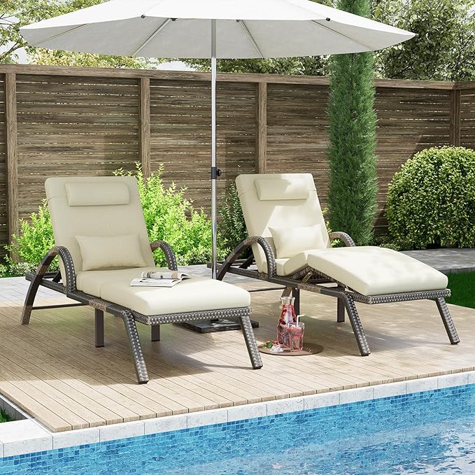 MEISSALIVVE Outdoor Lounge Chairs Set of 2, Patio Chaise Loungers with Adjustable 5-Position & Leg Support, PE Rattan Chaise Lounge, Wicker Pool Recliners Chair for Backyard, Porch, Deck,(Brown