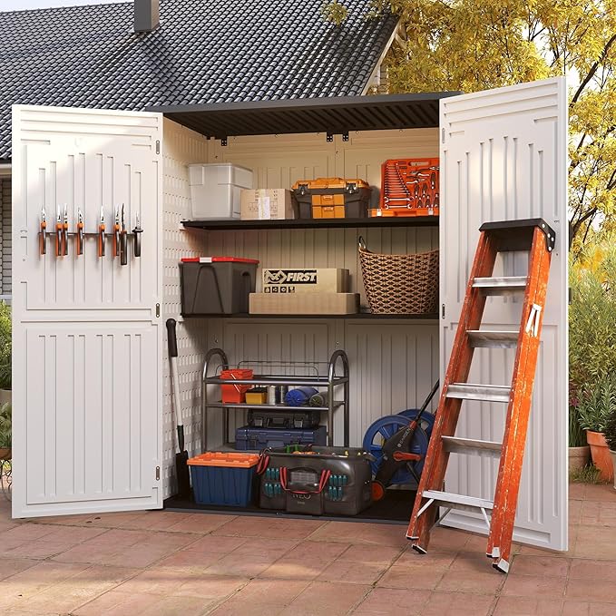 Vertical Resin Storage Shed, 60 Cuft Garden Tool Sheds & Outdoor Storage, Plastic Outdoor Storage Cabinet Waterproof, 4.5 x 2.3 ft Backyard Outside Lawn Mower Storage Shed, White