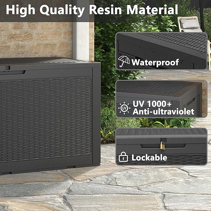 NUNU LAB 101 Gallon Resin Deck Box β Large Lockable Outdoor Storage Box with Gas Lift, Waterproof Patio Storage for Cushions, Garden Tools, Pool Supplies, and More, Black
