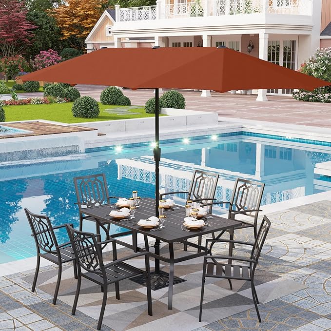 PHI VILLA Patio Dining Set 8 PCS with 13ft Double-Sided Patio Umbrella(Orange Red),Metal Outdoor Dining Set - 6 x Outdoor Stackable Chairs, 1 x 60"x38"Rectangle Dining Table and 1 Umbrella