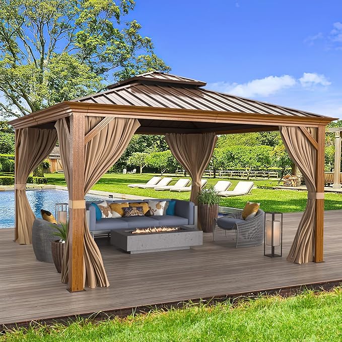 MELLCOM 12'x12' Hardtop Gazebo, Wood Grain Aluminum Frame Outdoor Gazebo with Double Galvanized Steel Roof, Permanent Metal Pavilion with Curtains and Nettings for Patio, Backyard, Deck and Lawns