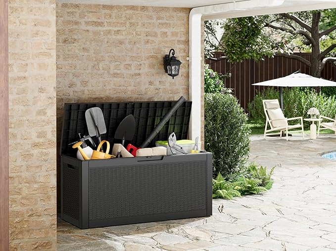 60 Gallon Outdoor Storage Box, Waterproof Resin Deck Box with Lockable Lid – Storage Cabinet for Patio Furniture, Pool Supplies, Garden Tools(Rattan,Black)