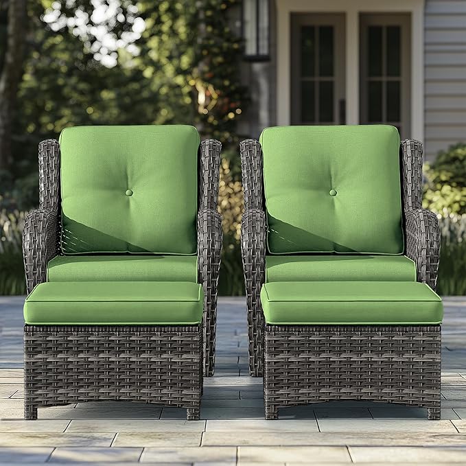 4 Pieces Patio Conversation Set, Wicker Chairs Set of 2 and Two Ottomans with 3.5-inch Seat Cushions, High Back and Curved Armrest for Backyard, Balcony and Deck, Green