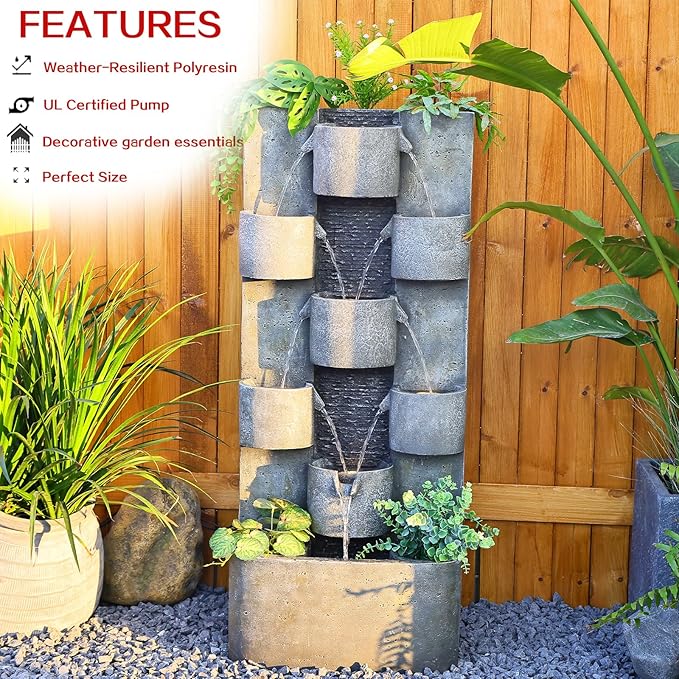 Outdoor Water Fountain Garden - Waterfall Large Water Feature Fountains with LED Lights & Pump, Concrete Artistry for Patio Yard Pool Home Decor, (45 inches Tall, Gray)