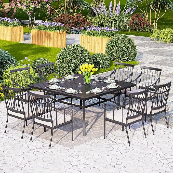 PHI VILLA 9 Pieces Outdoor Dining Set for 8, 60” Square Wrought Iron Dining Table & Heavy-Duty Steel Chairs with Cushions, Large Dining Furniture Set for Patio, Deck, Yard, Porch