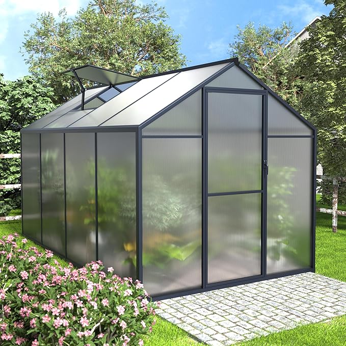 Mupater 6x8 FT Aluminum Frame Greenhouse, Heavy-Duty Polycarbonate Greenhouse with Lockable Door and Adjustable Roof Vent, Walk-in Green House Kit for Outdoors, Garden, Lawn, Backyard, Grey