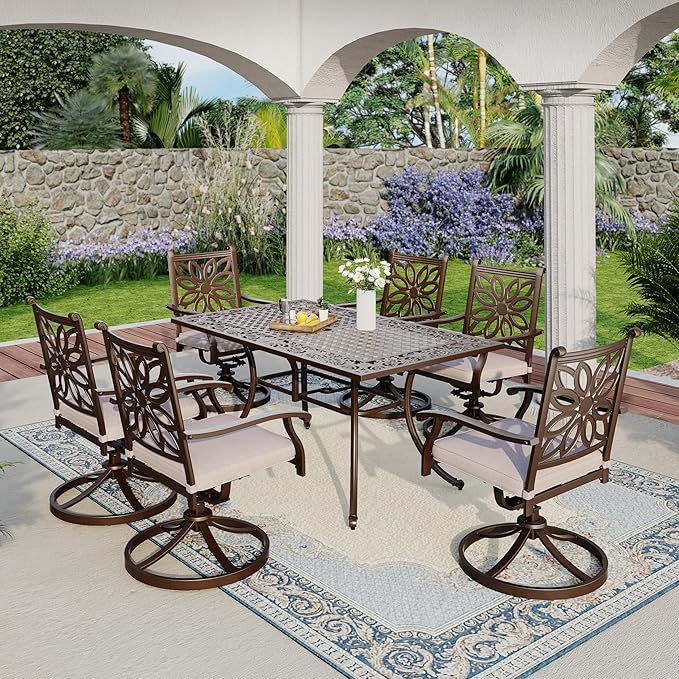 MFSTUDIO 7 Pieces Cast Aluminum Patio Dining Set, Retro Design Outdoor Table and Chairs Set with 6×Swivel & Rock Chair and 1×63" Rectangular Outdoor Dining Table