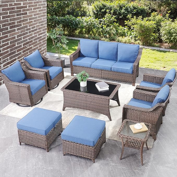 Outdoor Patio Wicker Swivel Chairs - Set of 4 Outside Rattan Rocker Glider Chair Rocking Armchairs for Front Porch Balcony Backyard Yard Deck Poolside Apartment – Brown/Blue