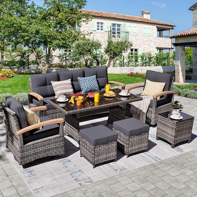 MEISSALIVVE 7 Pieces Patio Furniture Sets, PE Wicker Outdoor Conversation Sets with 2 Wood Armrests Swivel Rocker Chairs, 2 Ottomans, 3-seat Sofa and Dining Table (Grey)