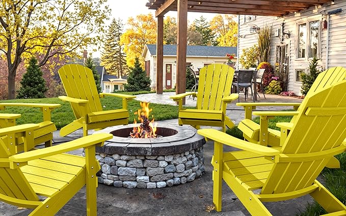 YEFU Adirondack Chairs Set of 4: Outdoor Chair HIPS Plastic Adirondack Chairs - Patio Chairs with Wood Texture - Lawn Fire Pit Deck Porch Garden Chairs for Adults (Yellow)