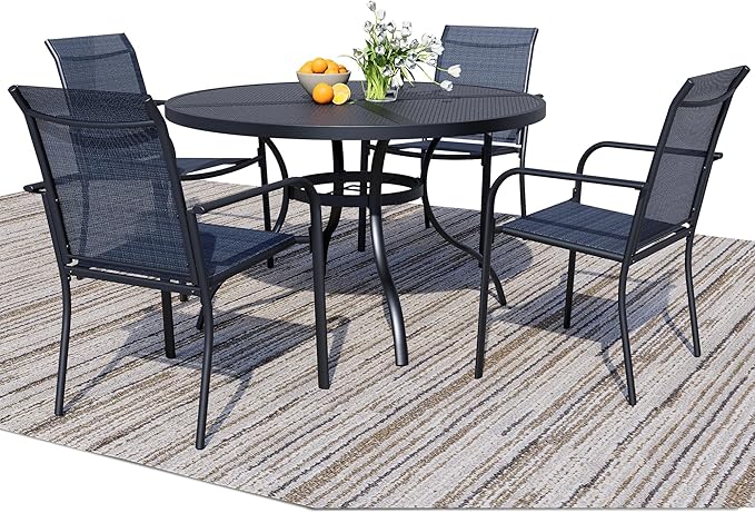 5 Pieces Round Dining Table Set for 4, Patio Dining Set Includes 4 Dark Blue Stackable Patio Chairs and 1 Black Mesh Round Table, Patio Furniture Sets with Sling Support for Outside, Garden