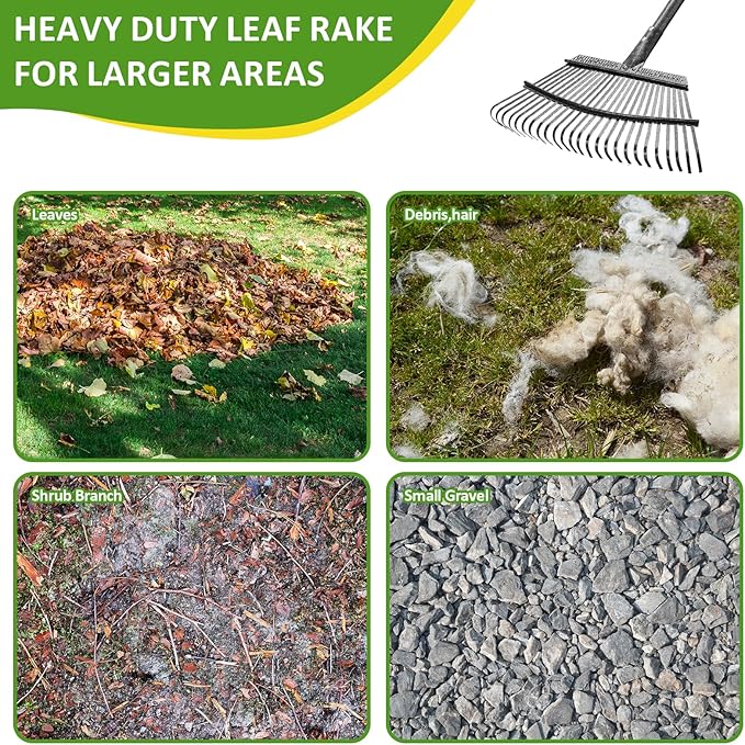 Garden Leaf Rake Set with 25 Tines, Heavy Duty Metal Rake for Leave (Adjustable 73" Long, 18" Wide) with 32 Gallon Reusable Leaf Bag, Ideal for Yard Lawn Shrub Gardening