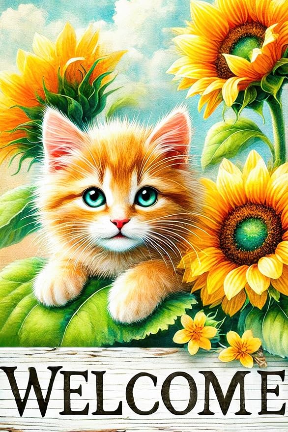 Spring Garden Flag 12x18 Inches Double Sided Cute Cat Welcome Yard Flags Sunflower Summer Seasonal Flower for Outside Decor Home Farmhouse Holiday Decorations