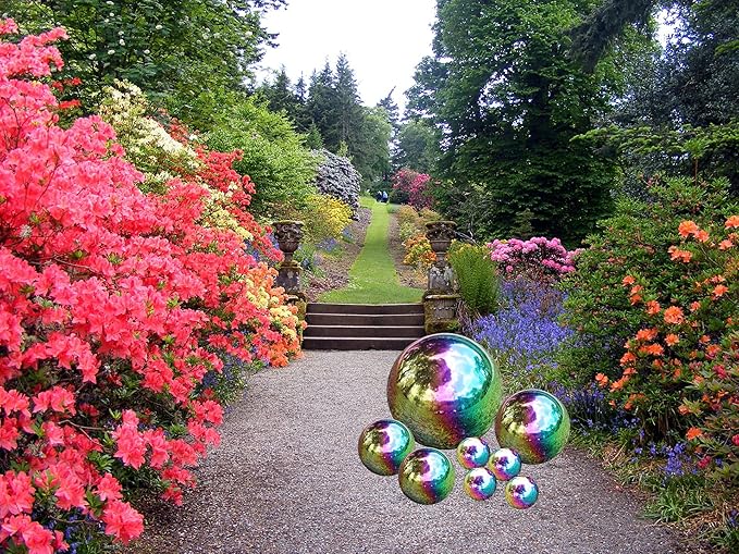 Pack of 8 Stainless Steel Gazing Balls Assorted 50-150mm Small Garden Gazing Globes Hollow Mirror Polished Seamless Reflective Sphere Balls for Home Yard Lawn Outdoor Decorations (Rainbow)