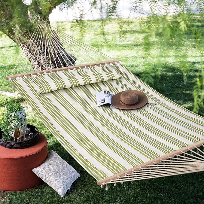 SUNCREAT Hammock 2 Person Heavy Duty, Double Hammocks for Trees, 2 Person Hammock with Spreader Bar, Green&Beige