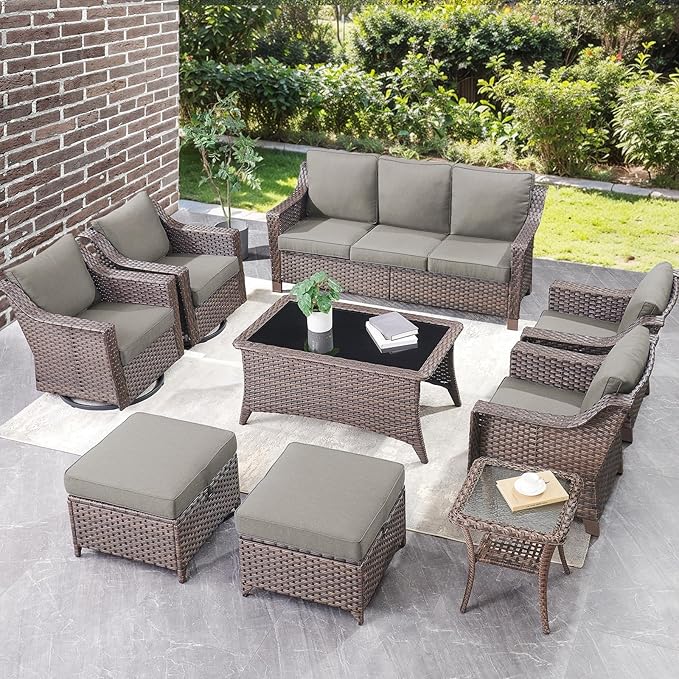 Outdoor Wicker Patio Chairs Set of 4 - Heavy Duty Outside Rattan Lawn Chair for Front Porch Balcony Backyard Yard Deck Poolside Apartment – Brown/Grey